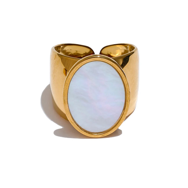 Stone Stainless Steel Gold Color Wide Ring Summer Trendy Fashion Jewelry Accessories Bijoux