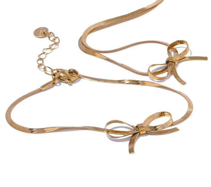 Snake Chain Trendy Bowknot Bow Necklace Bracelet Bangle Set