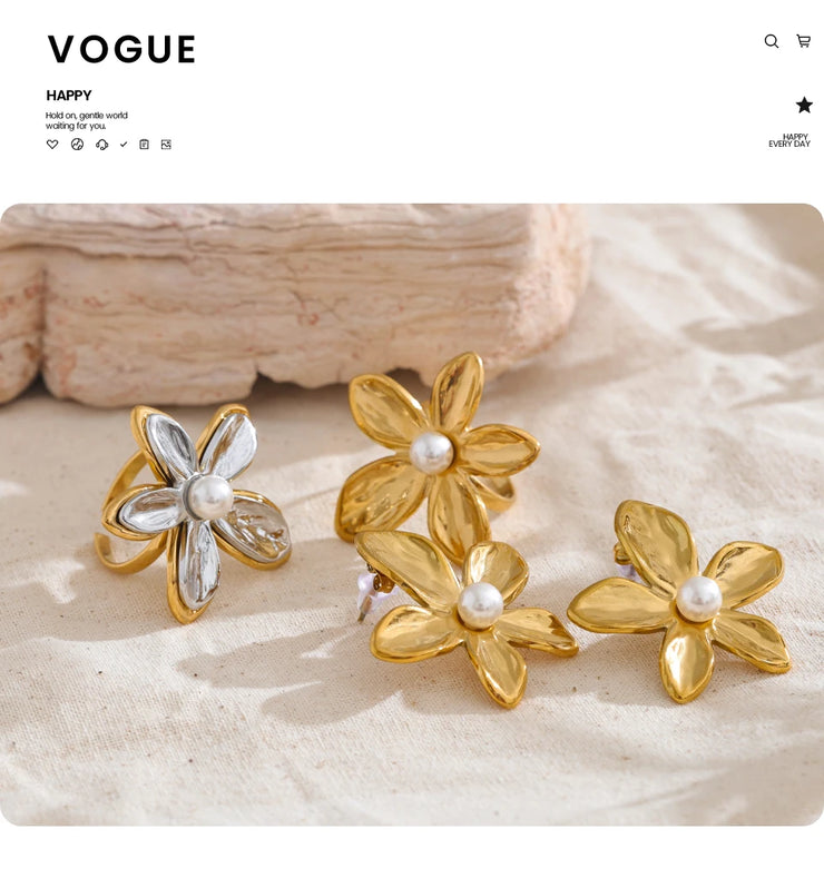 Flower Pearl Stud Earrings & Ring Set