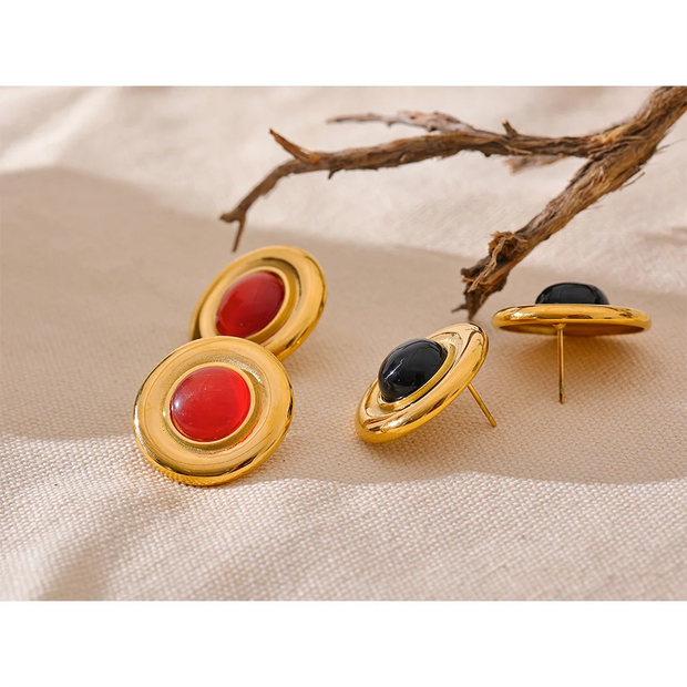 Red & Black Stone Stud Earrings