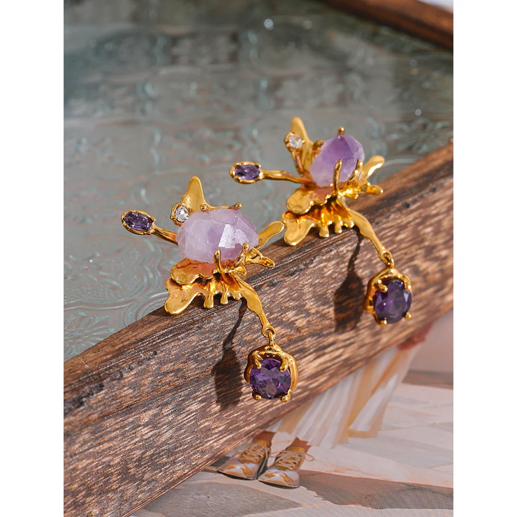 Purple Stone Butterfly Dangle Earrings