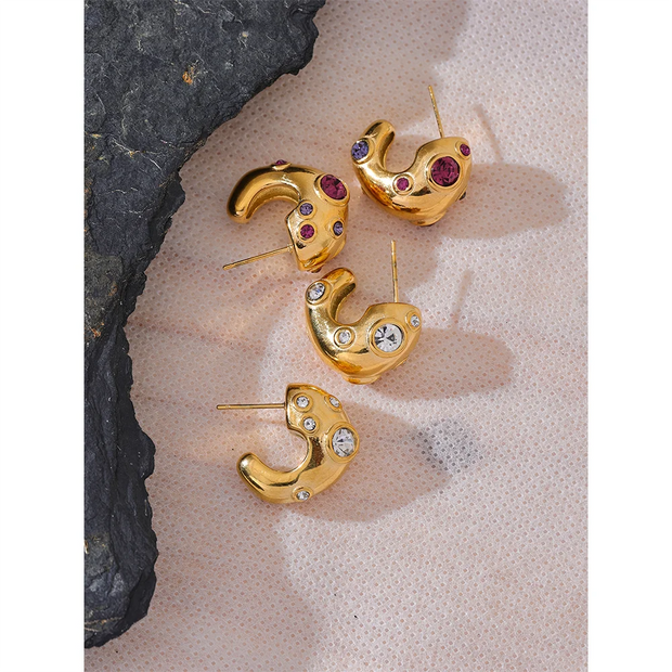 Gold Zirconia C-Shape Earrings